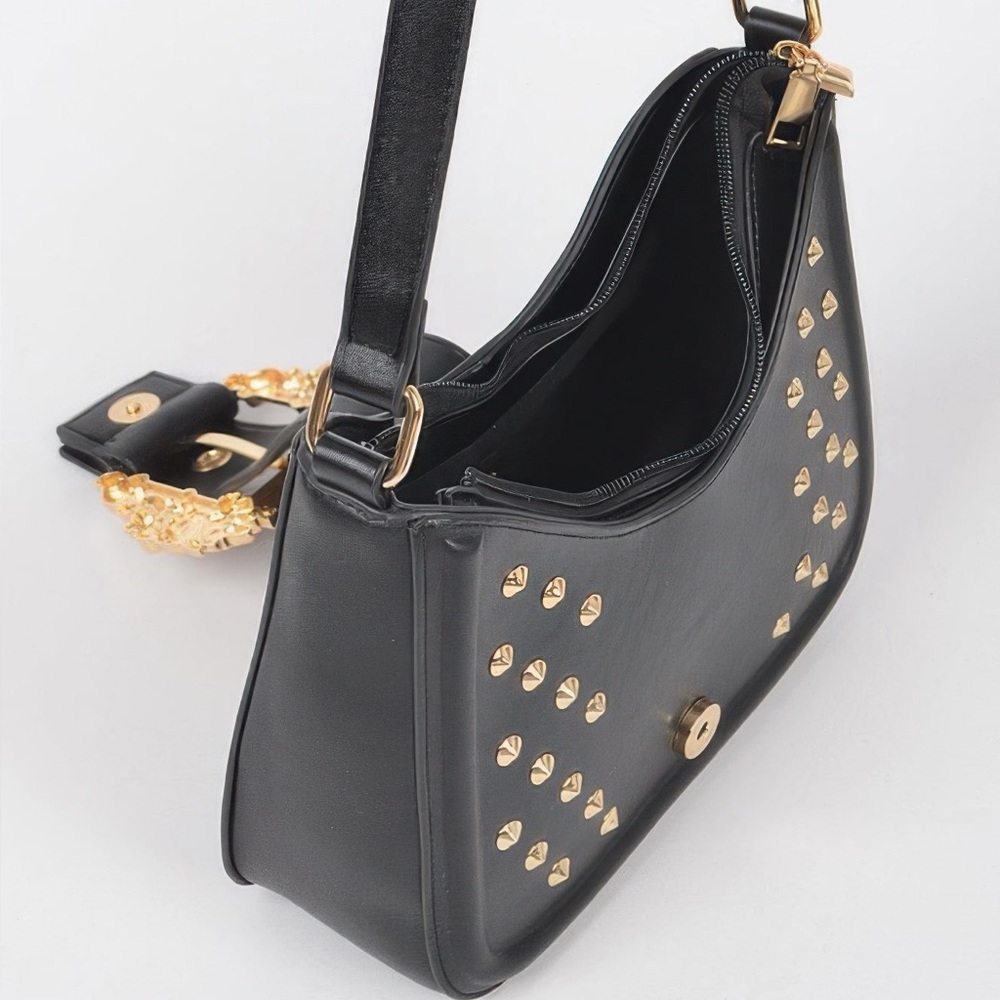 Faux Leather Studded Metal Buckle Shoulder Bag - Picture 5 of 7